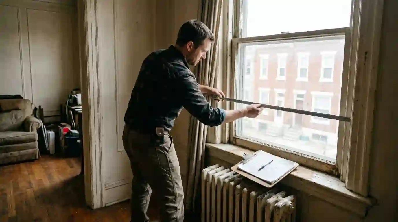 Technician measuring windows for a load calculation