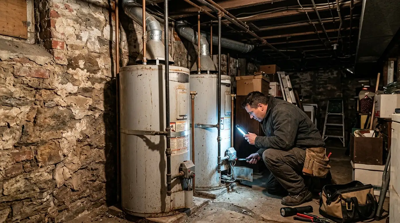 Technician checking water heater venting in a Passyunk Square basement
