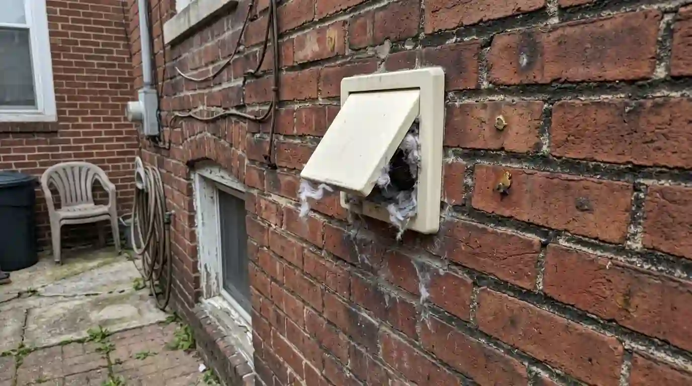 Lint built up at a rowhome dryer vent hood
