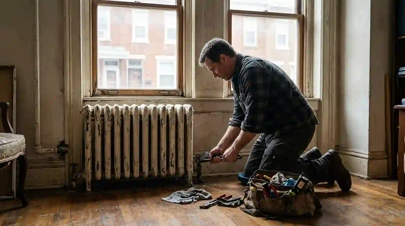 Technician repairing a cast iron radiator valve in a rowhome