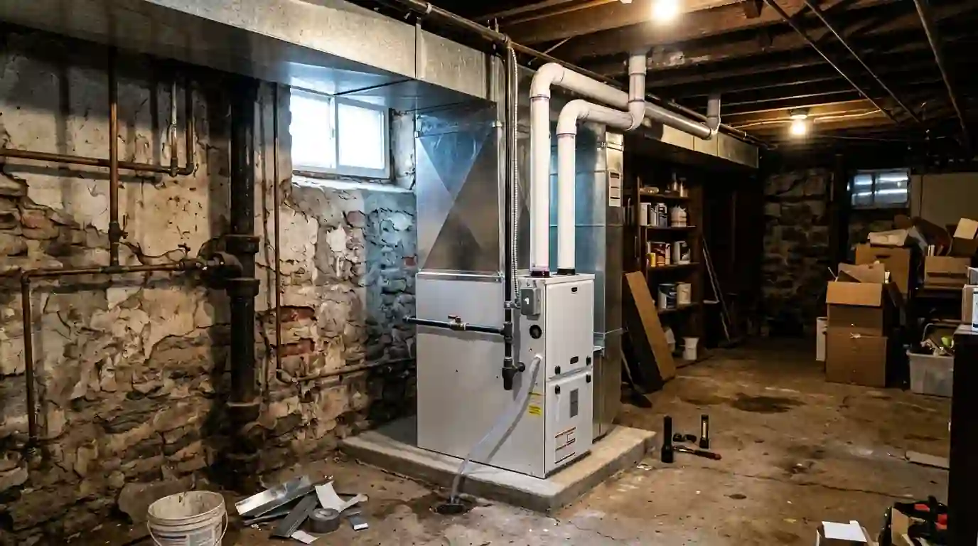New high-efficiency gas furnace in a basement