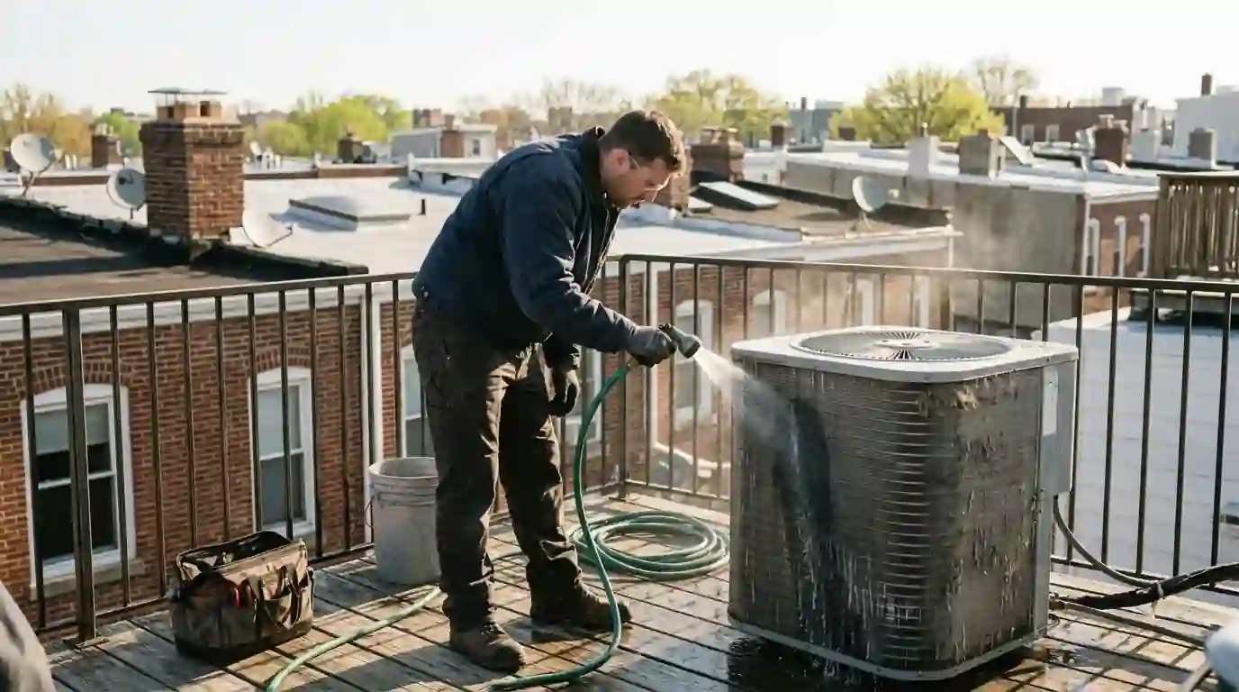 Cleaning a rooftop AC condenser coil during a spring tune-up