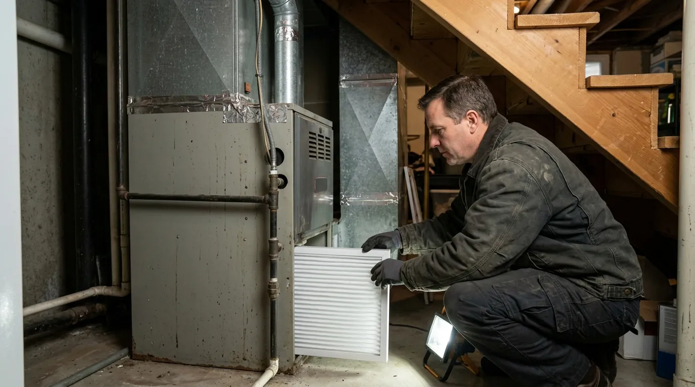 Technician changing a furnace filter in a Whitman rowhome basement