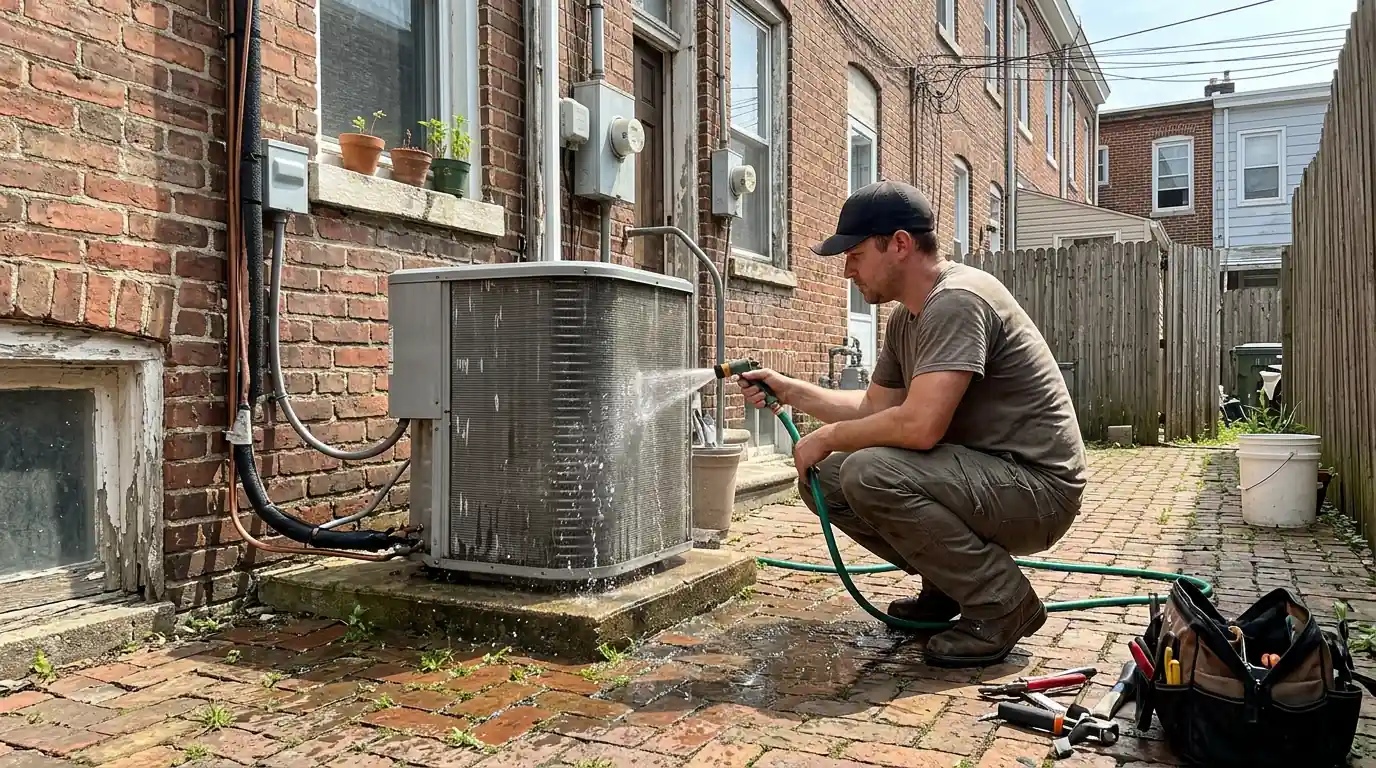 Technician cleaning an AC condenser behind an Elmwood rowhome