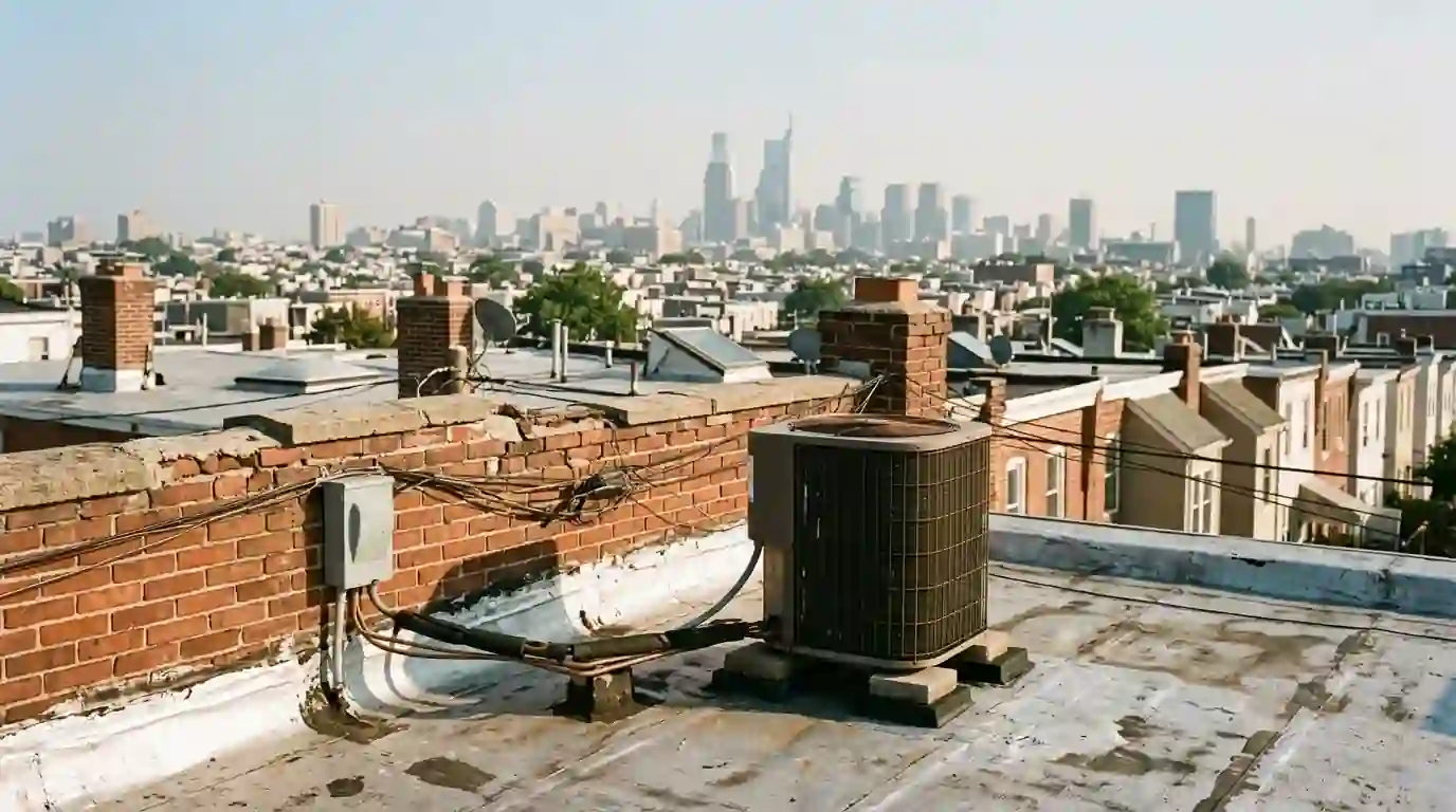 Central air condenser on a flat Philadelphia rowhome roof