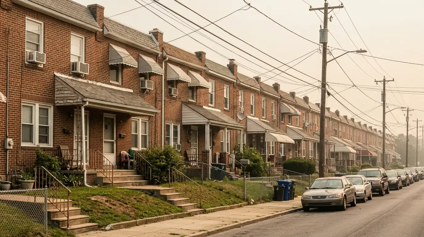 Brick rowhomes in Upper Darby on a summer afternoon