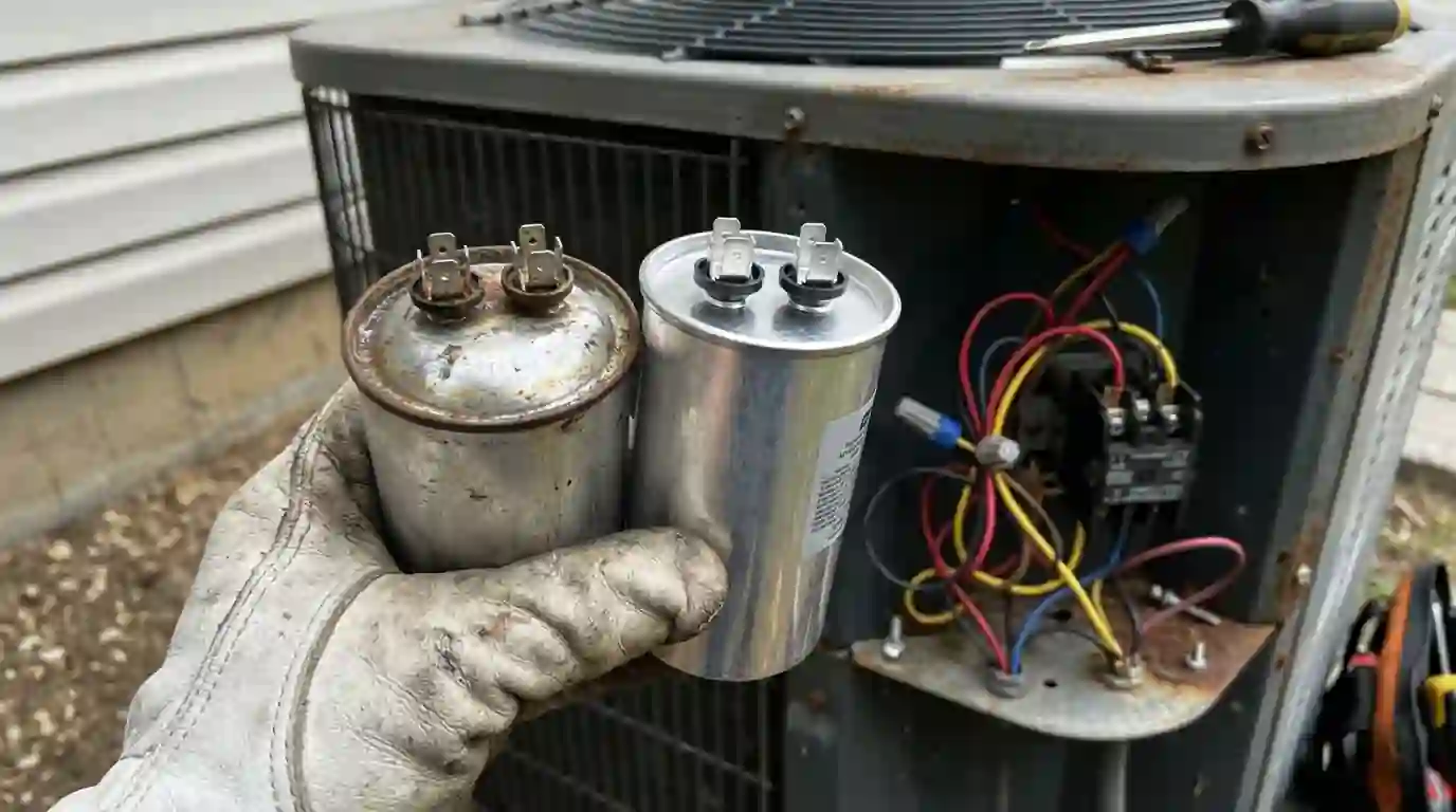 Failed AC capacitor next to a new one