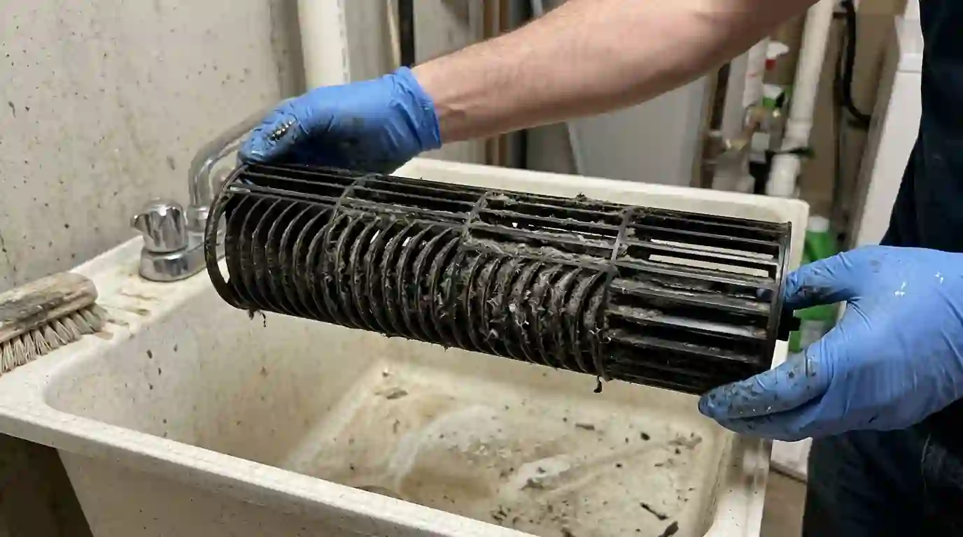 Dirty blower wheel removed from a mini-split head