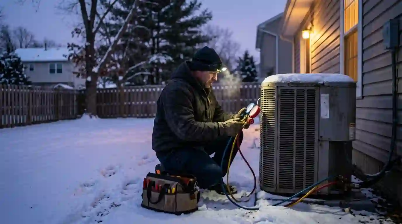 Technician diagnosing a heat pump in winter