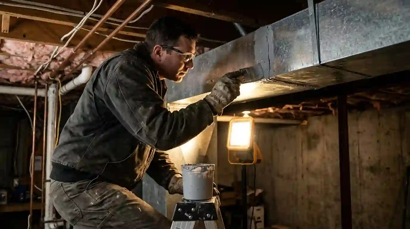 Duct joint being sealed with mastic in a basement