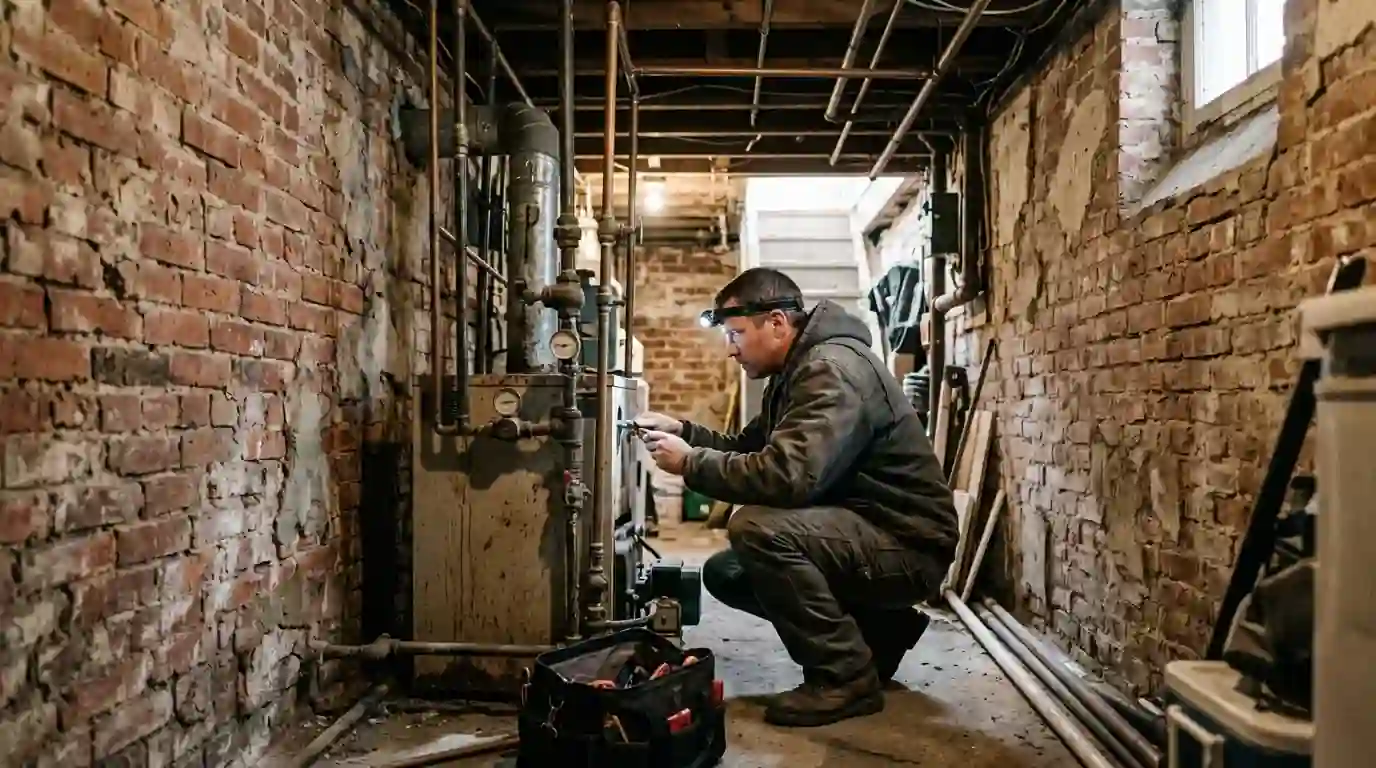 Technician checking a gas boiler in a Philadelphia rowhome basement