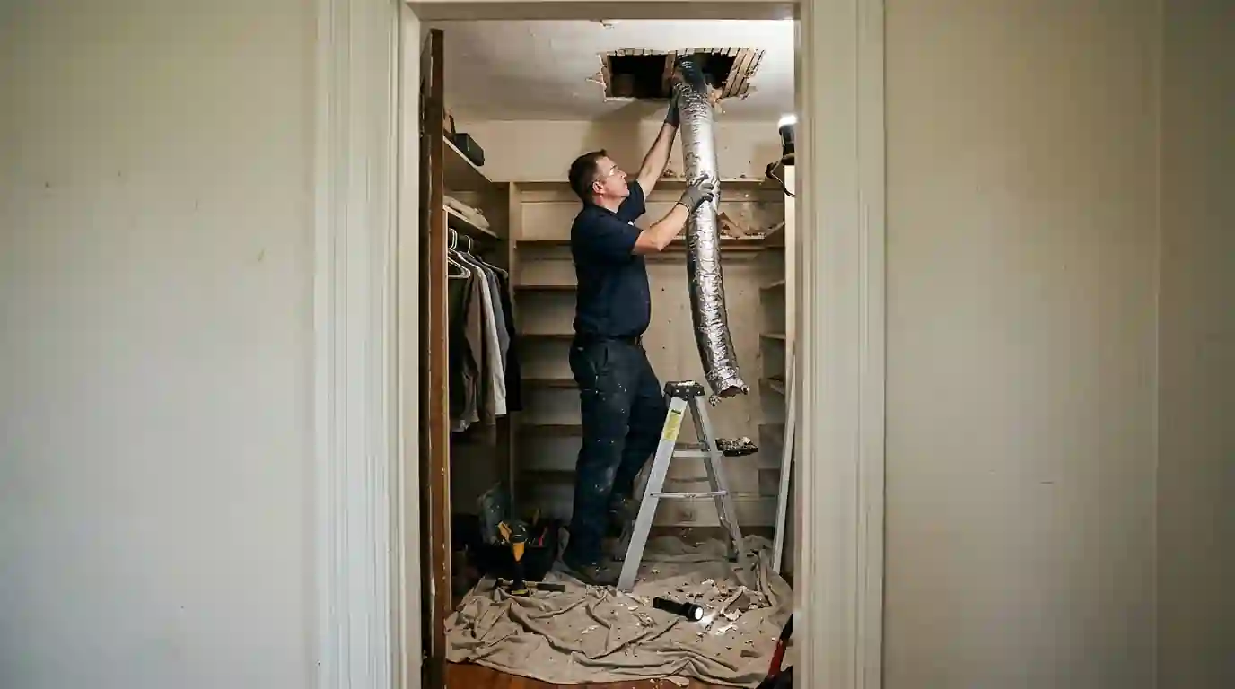 Small-duct tubing being fished through a plaster ceiling