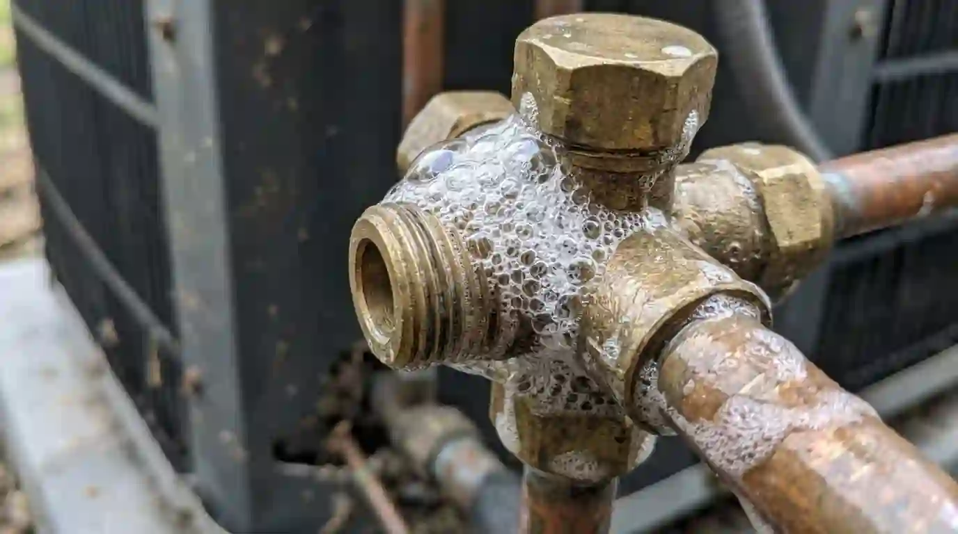 Bubble test showing a leak at a condenser service valve