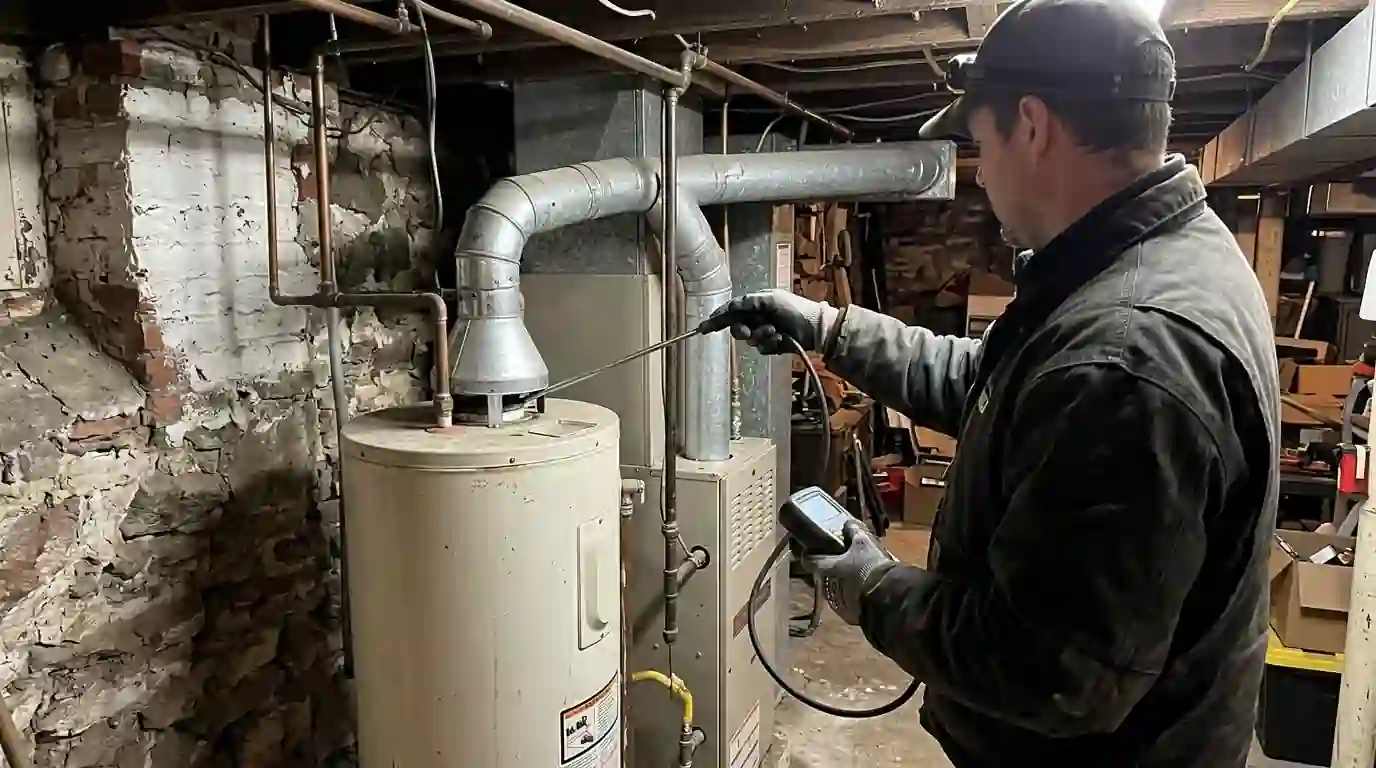 Technician testing venting on a furnace and water heater in a Cobbs Creek basement