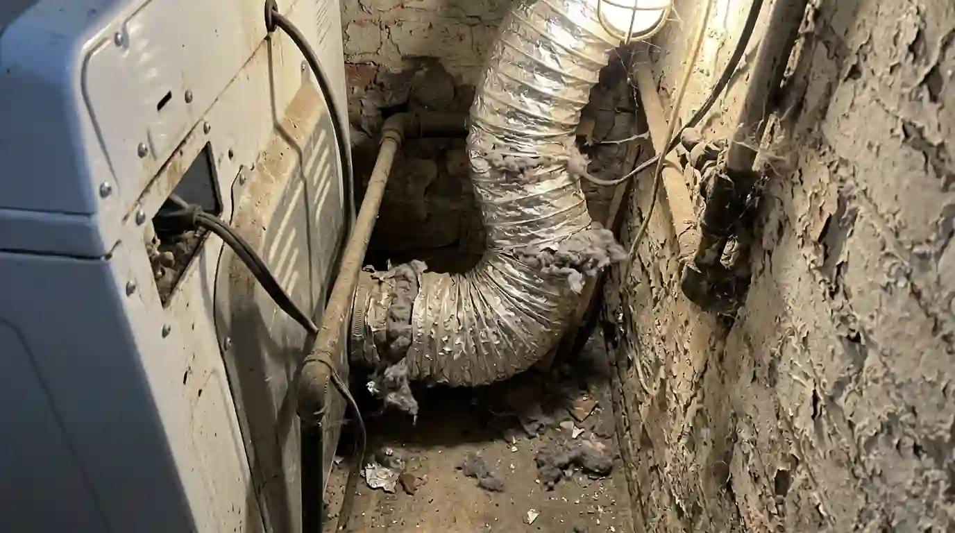 Crushed foil dryer duct full of lint behind a basement dryer