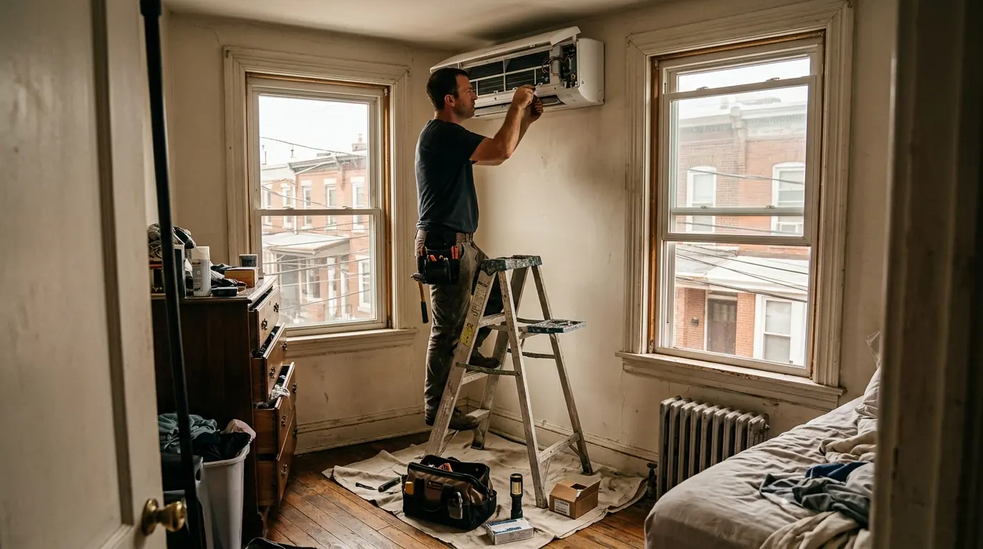 Technician servicing a ductless unit in a Point Breeze rowhome bedroom