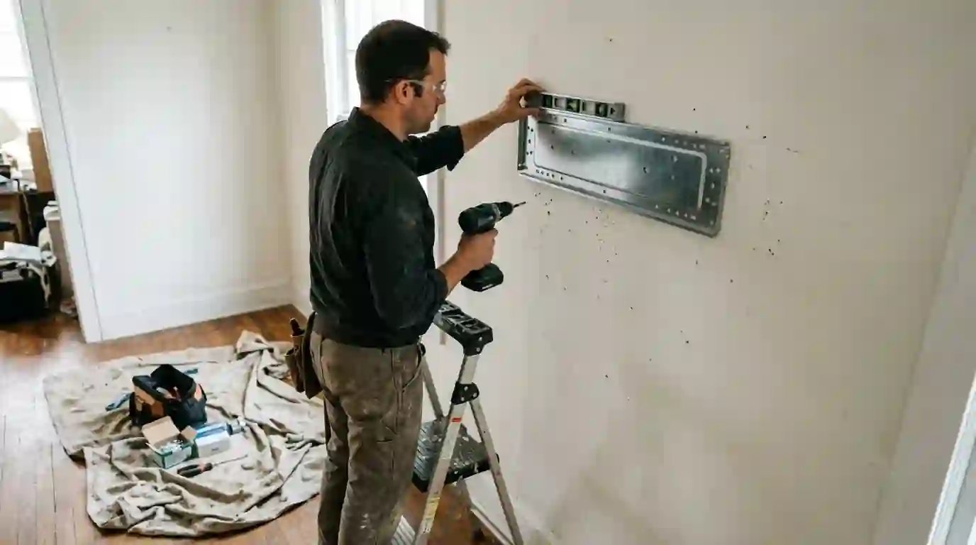Technician mounting a ductless mini-split indoor unit