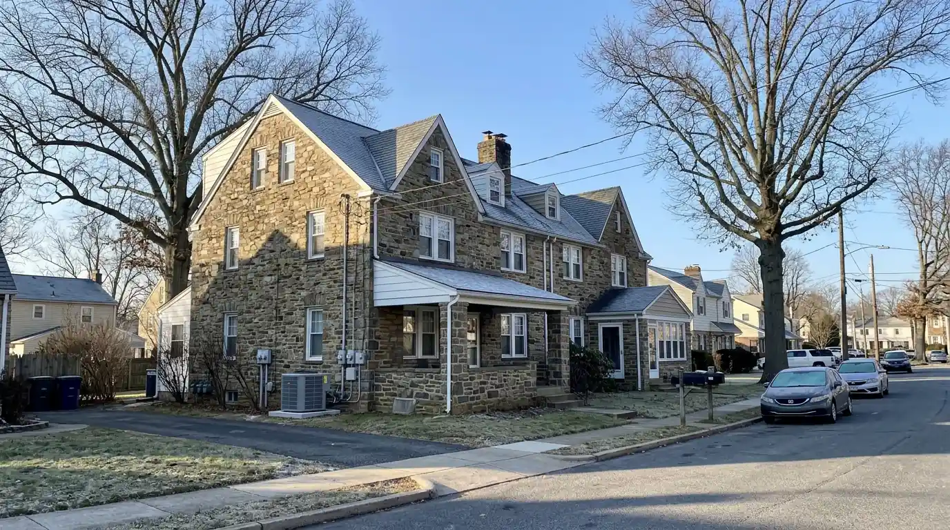 Stone twin homes in Havertown on a cold morning