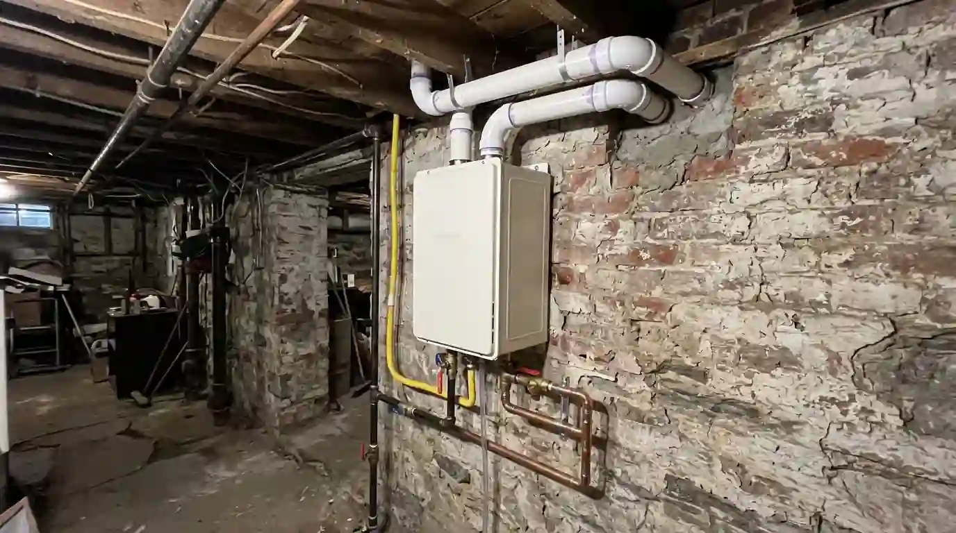 Gas tankless water heater installed in a Philadelphia basement