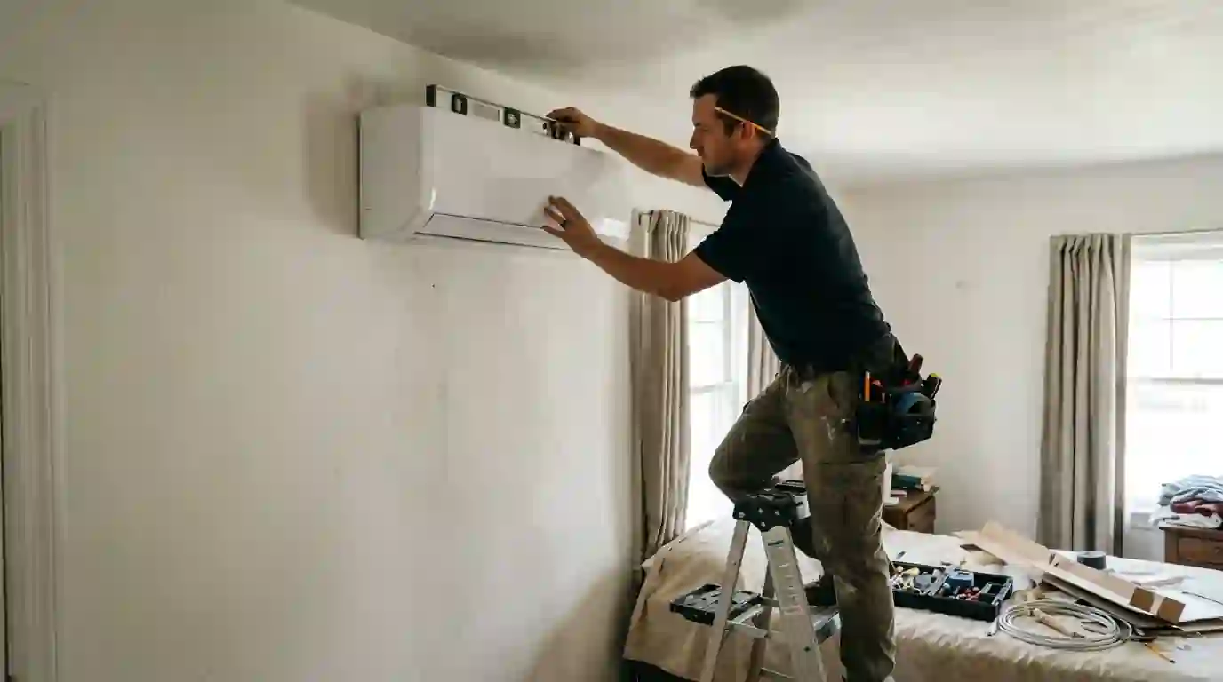 Ductless mini-split head being mounted in an older rowhome bedroom