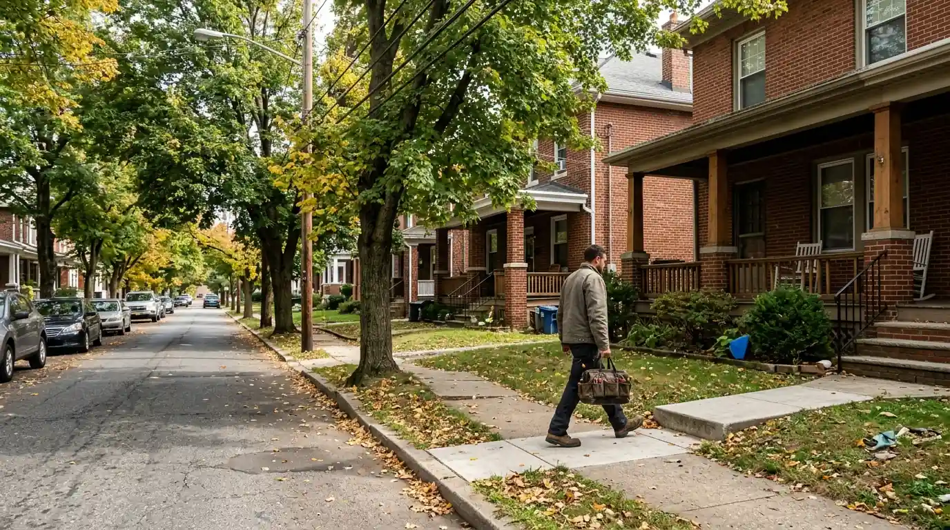 Technician arriving at a house on a Camden County borough street