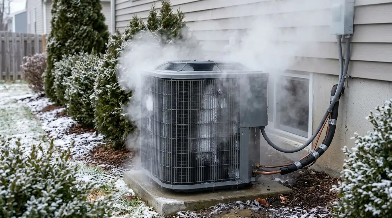 Heat pump defrosting outside a Voorhees townhome