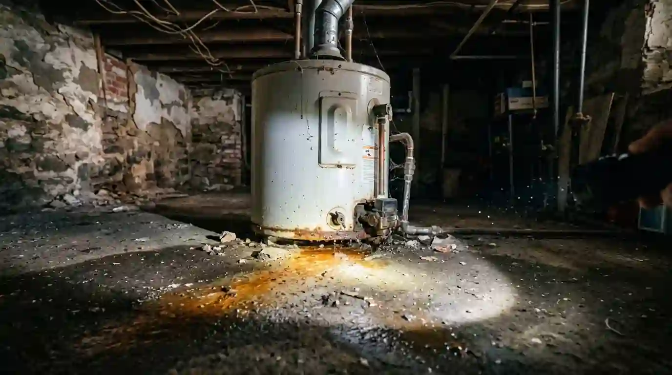 Rust and dampness at the base of a basement water heater