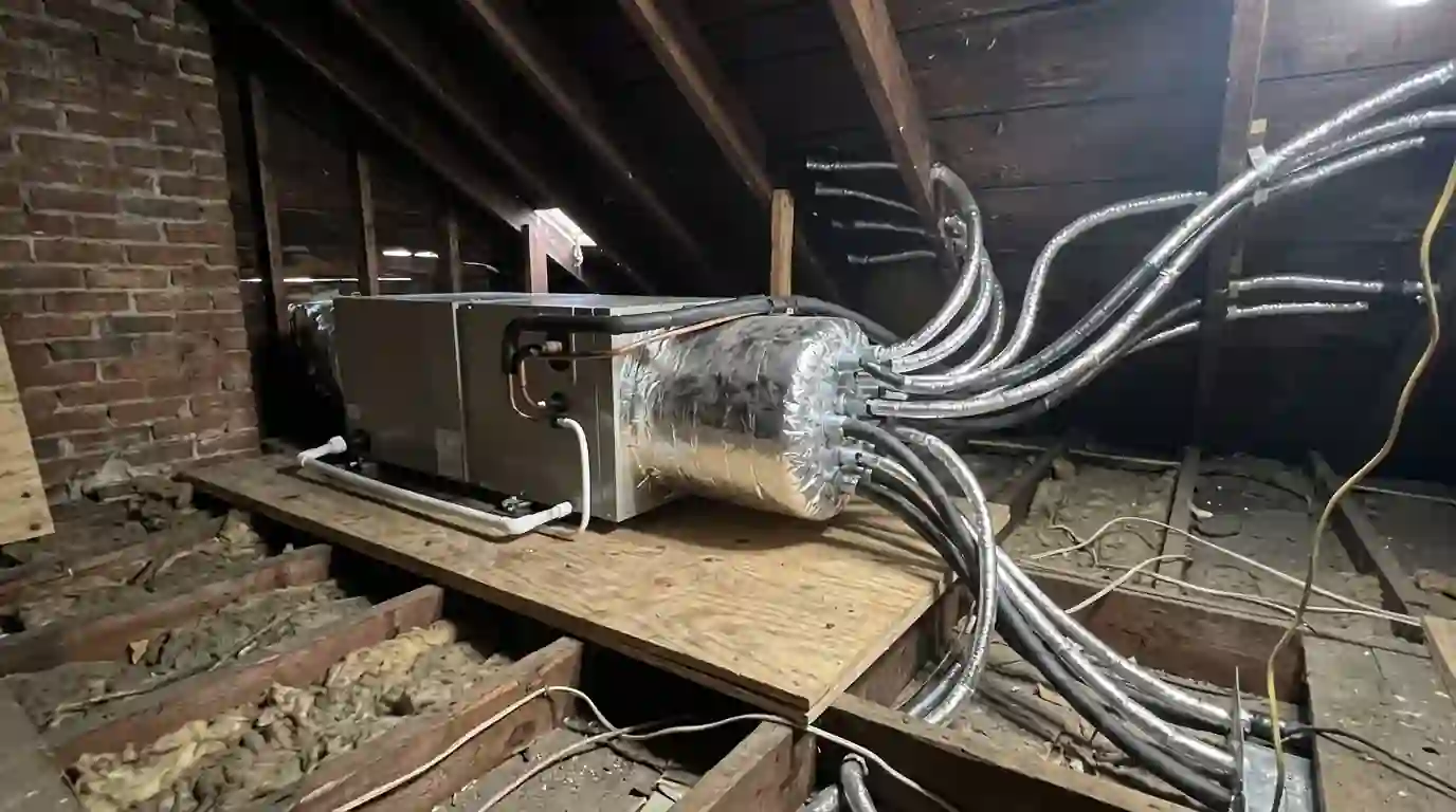 High-velocity air handler installed in an attic