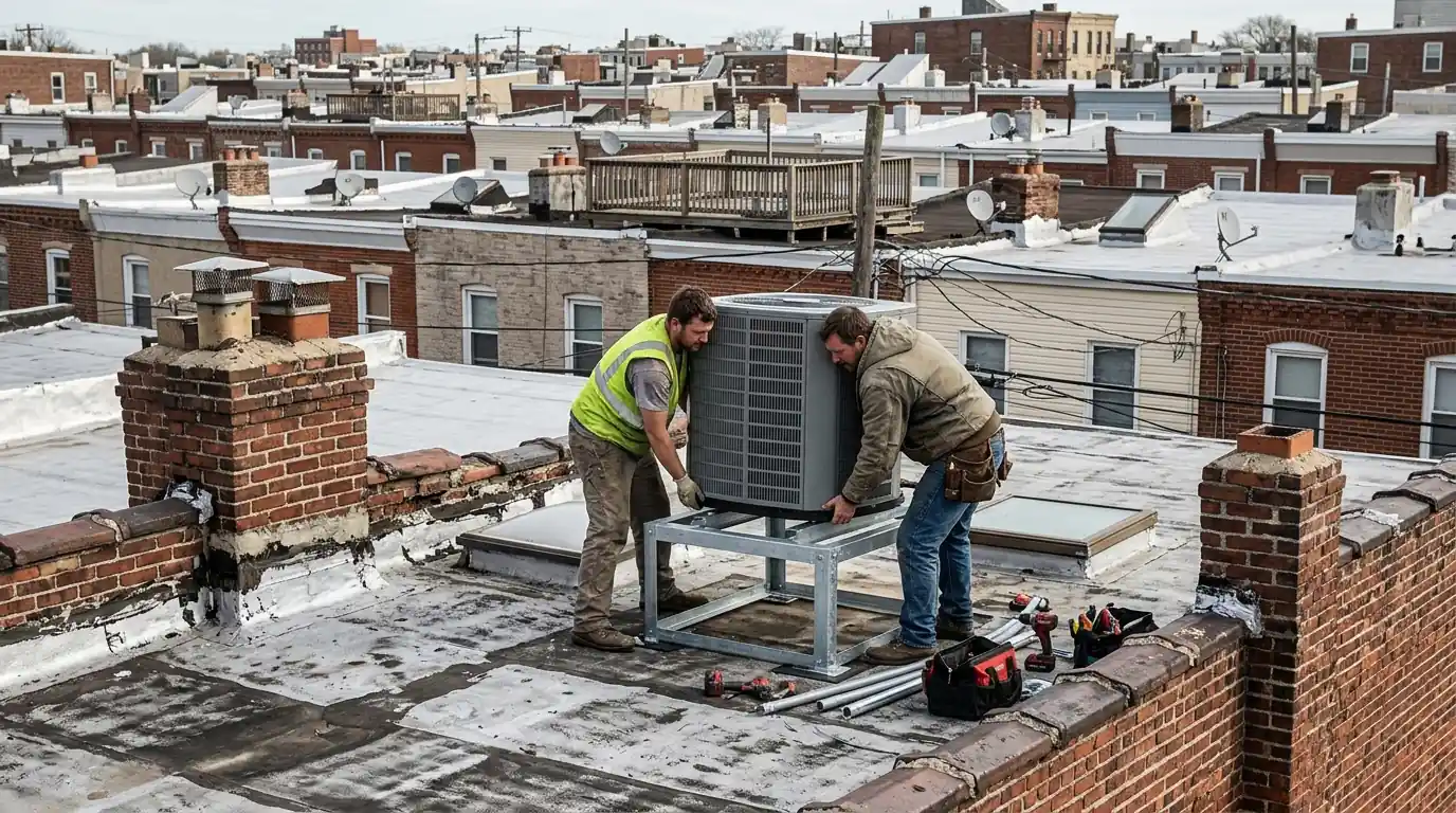 New AC condenser being set on a rowhome roof