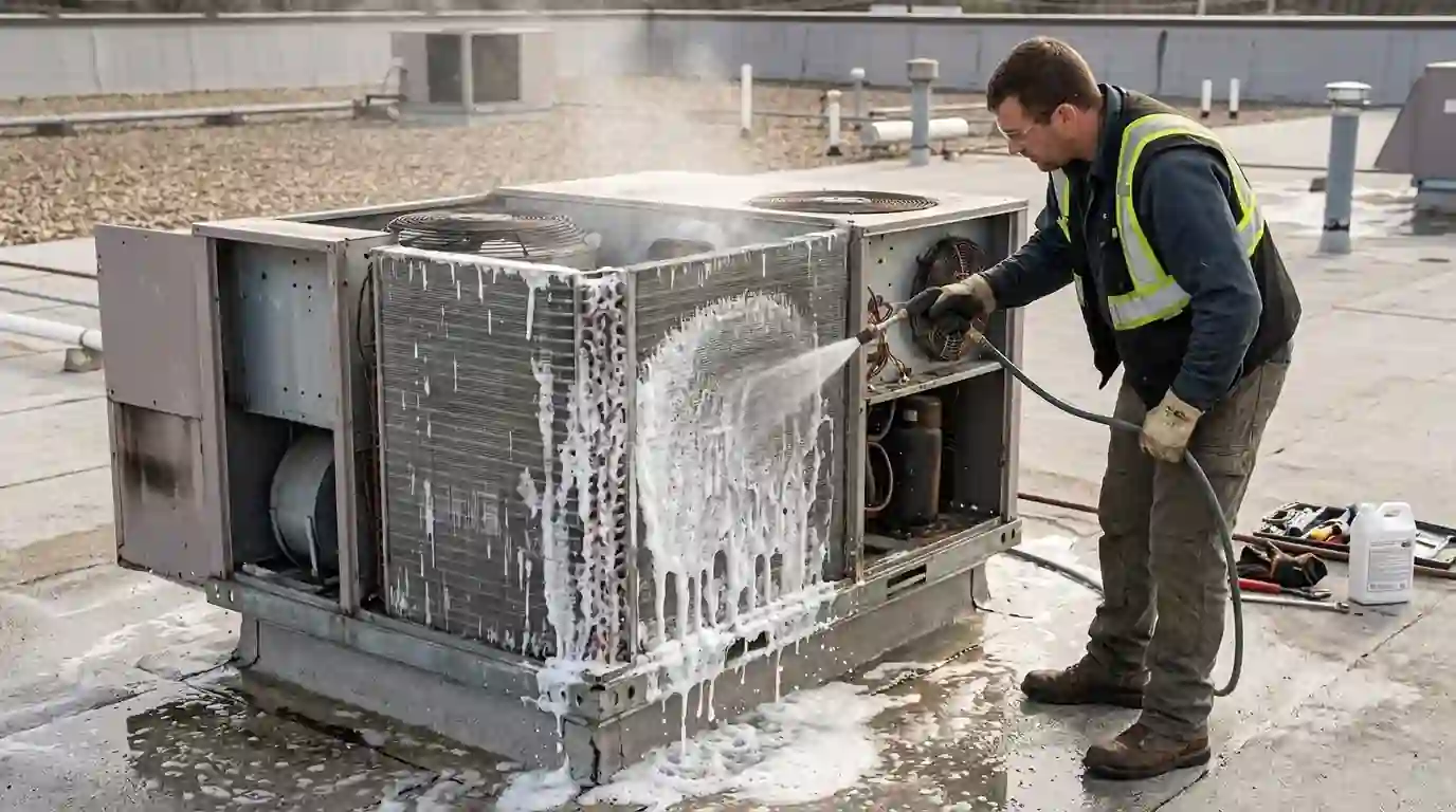 Rinsing a rooftop unit condenser coil