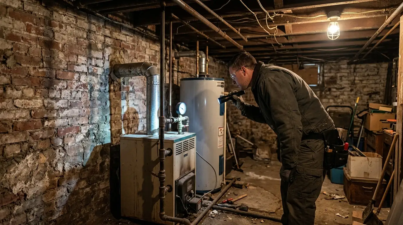Technician checking a boiler beside a water heater in a Camden rowhouse basement