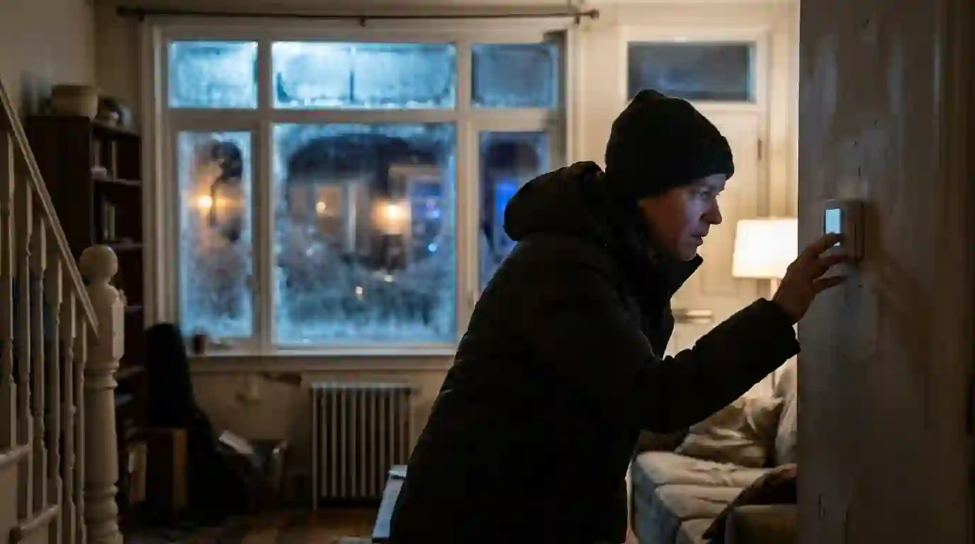 Homeowner checking a thermostat in a cold house
