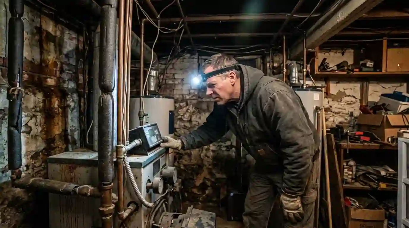 Technician checking a boiler control at night