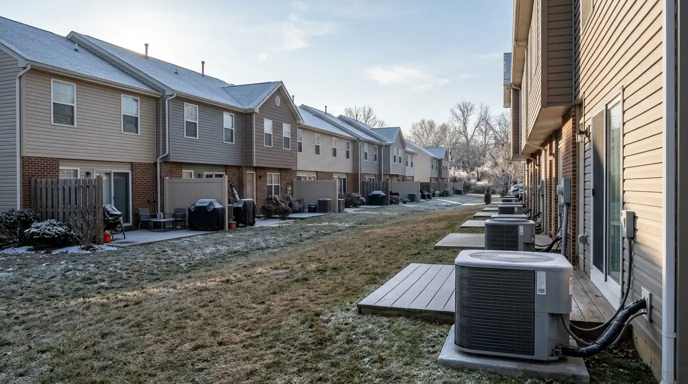 Townhome heat pumps on a frosty Burlington County morning
