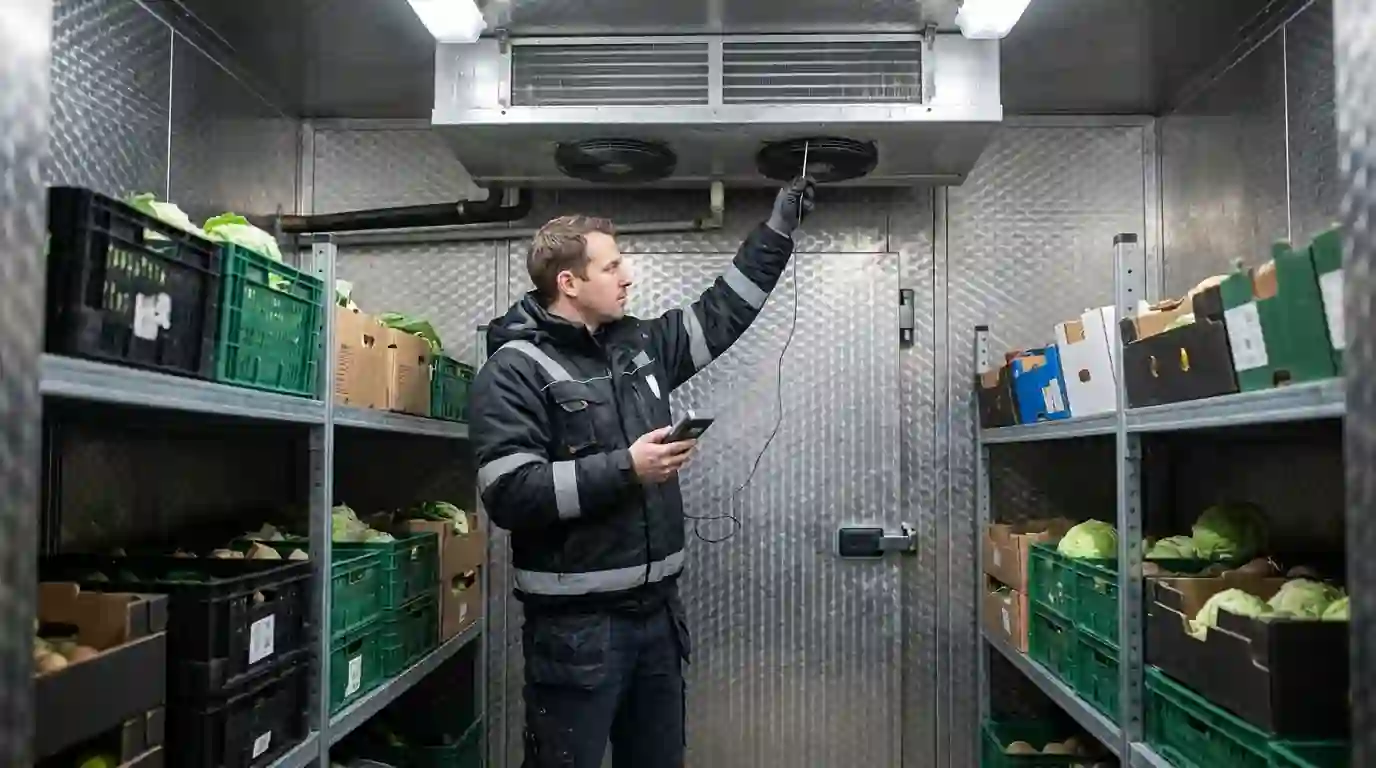 Technician checking temperature inside a walk-in cooler
