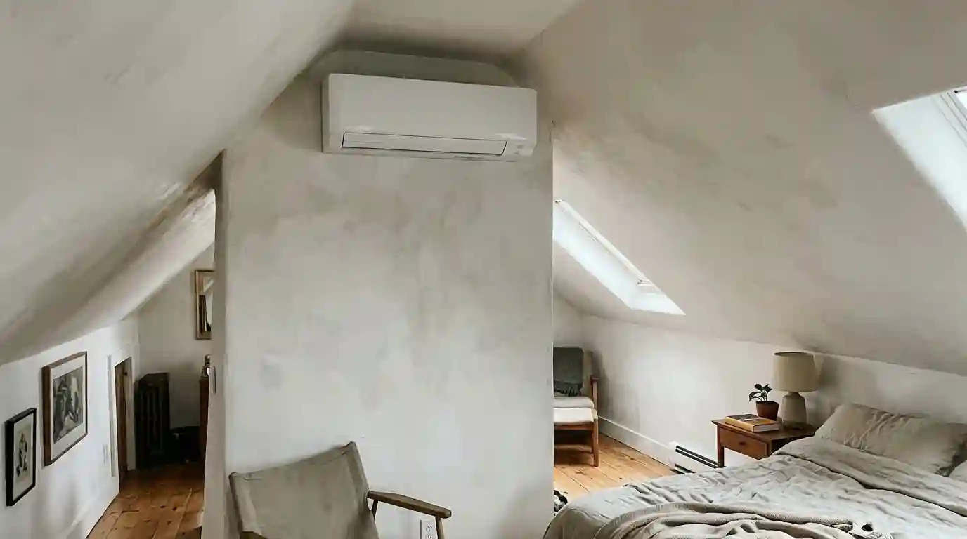 Ductless mini-split head on a third floor bedroom wall