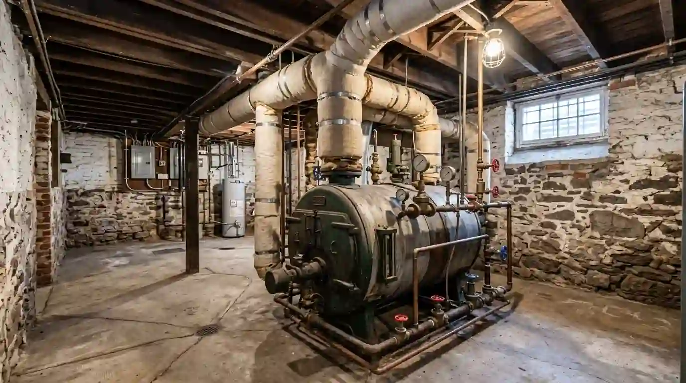 Steam boiler and insulated pipes in an older Philadelphia basement