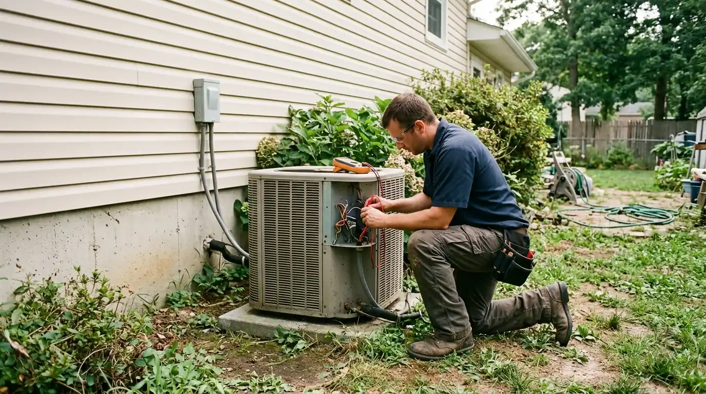 Technician testing a central air condenser at a Deptford split-level