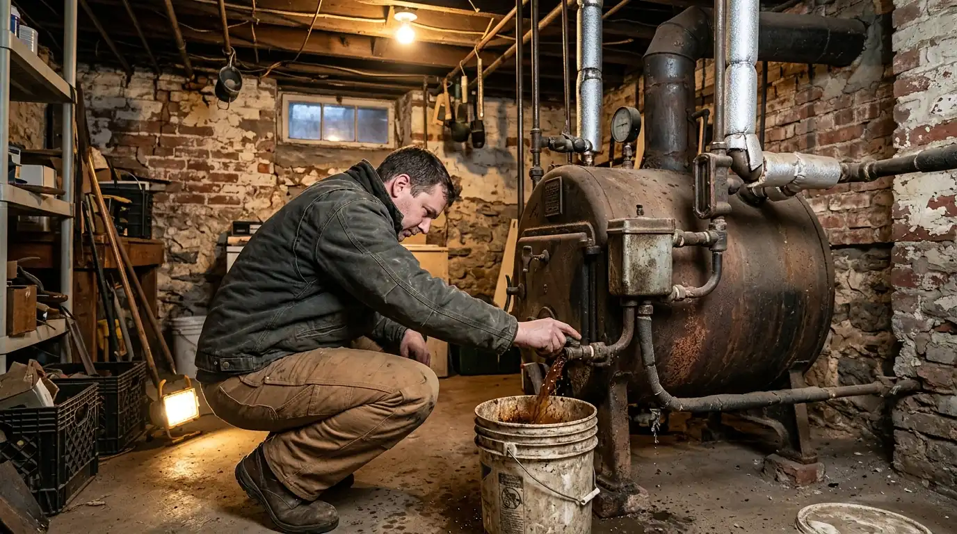 Technician servicing a steam boiler in a Pennsport rowhome basement