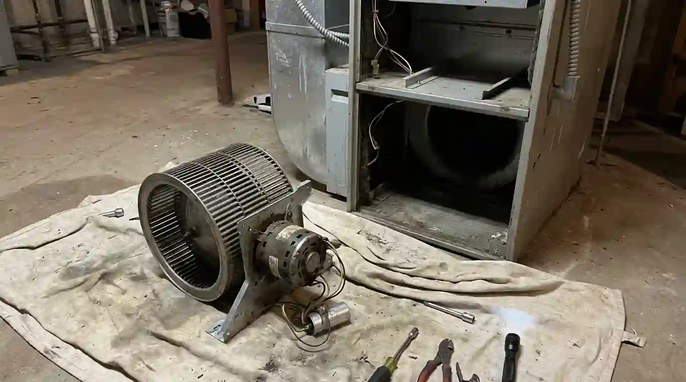 Furnace blower assembly removed for repair