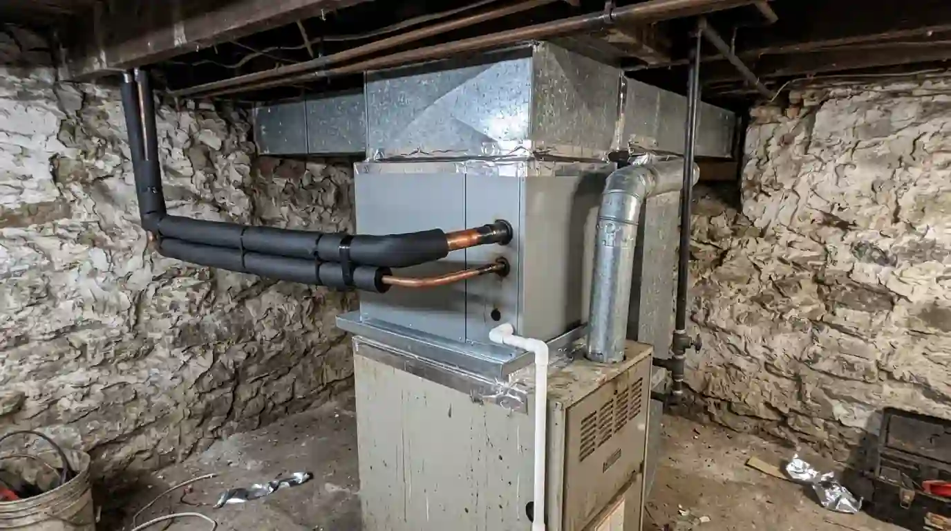 New evaporator coil installed above a basement furnace