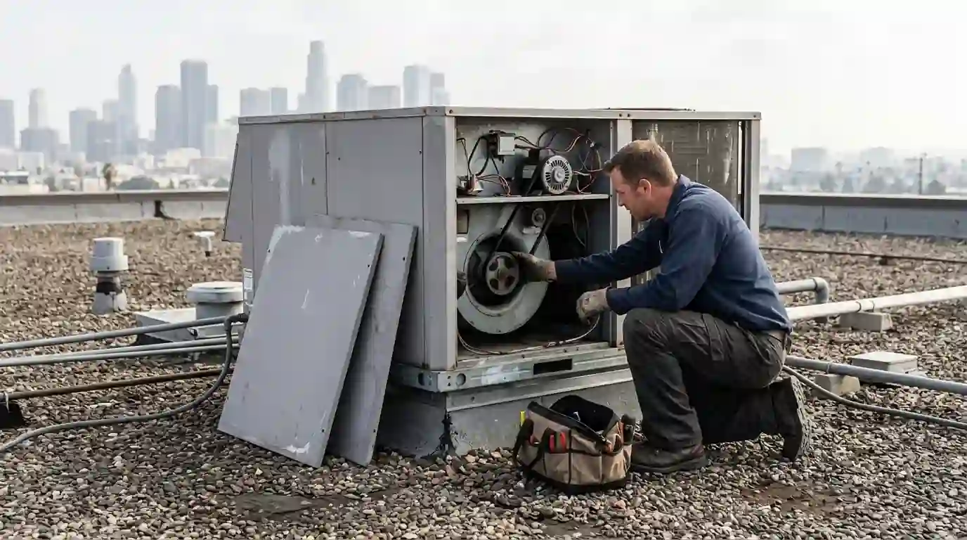 Technician checking a rooftop unit blower belt