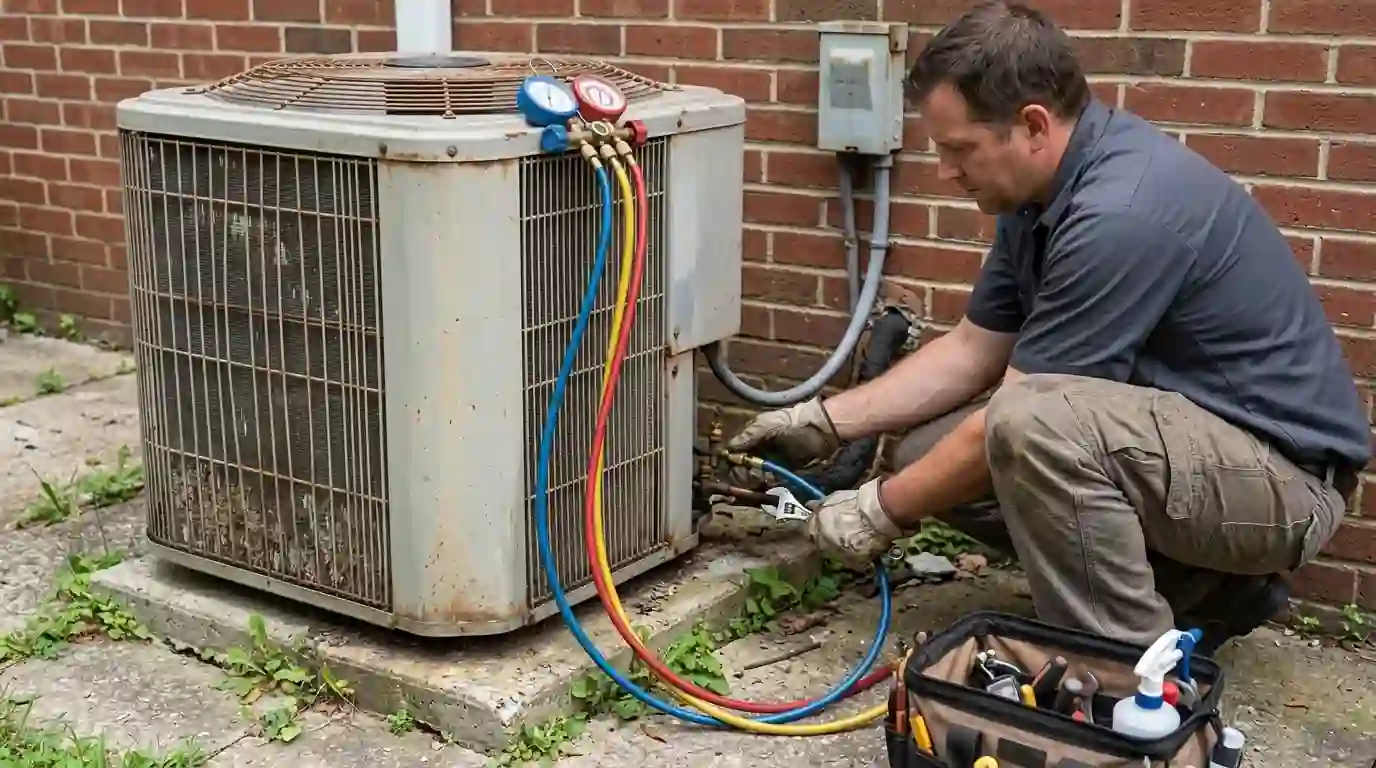 Technician checking refrigerant pressures on an older AC unit
