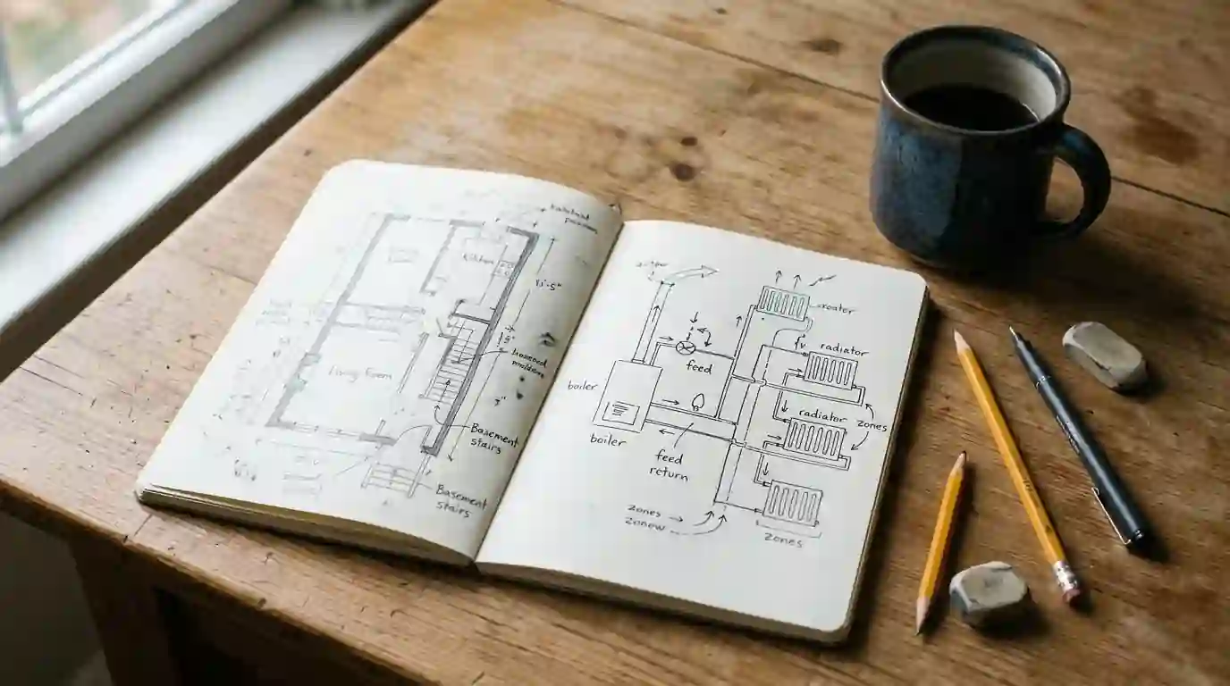 Notebook with a sketch of a rowhome heating system