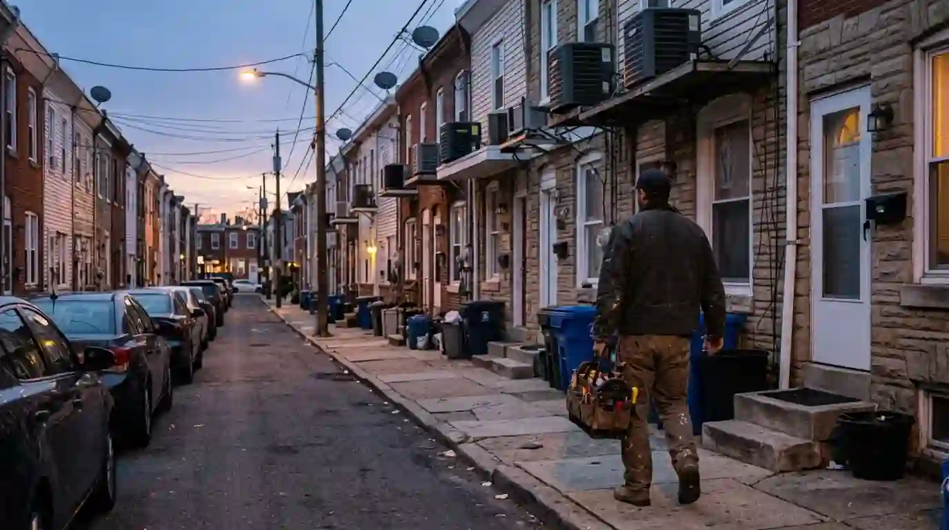Technician walking a South Philadelphia rowhome street at dusk