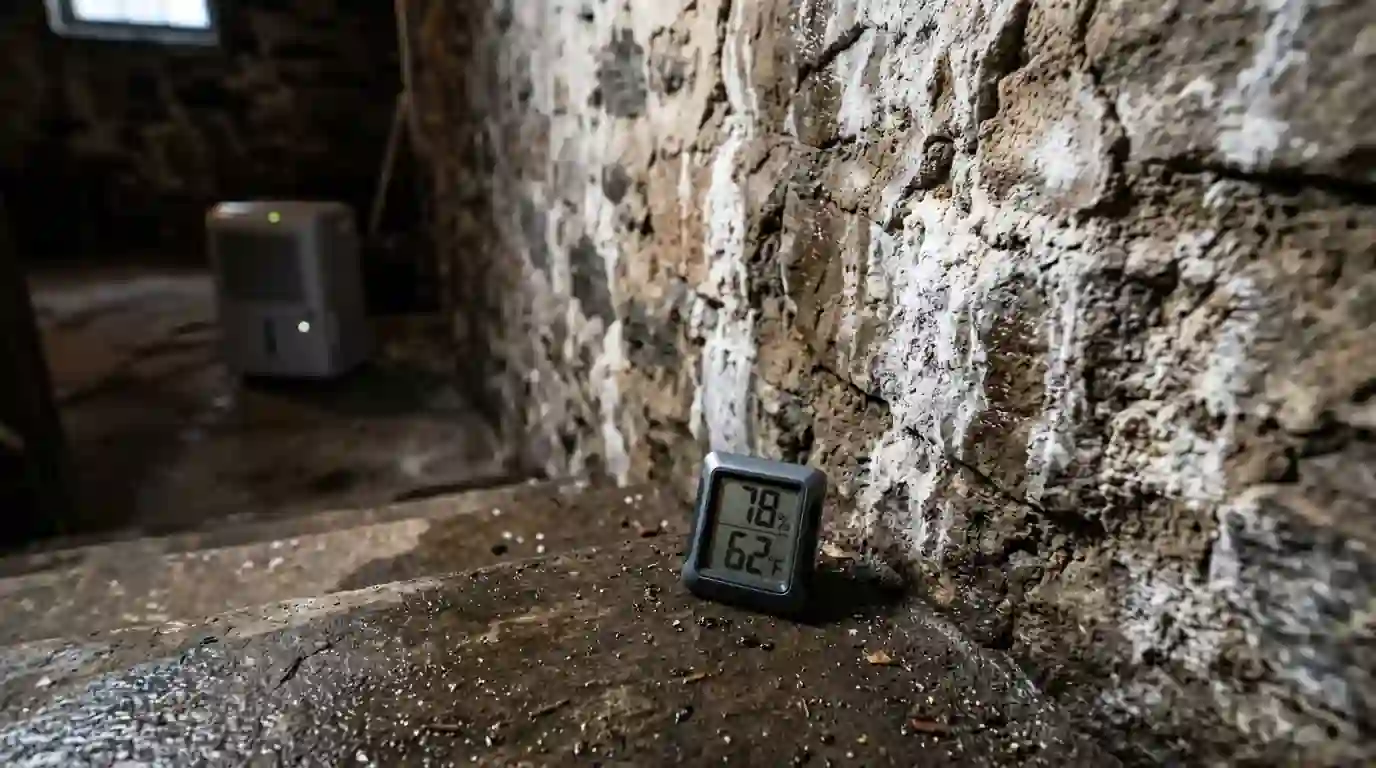 Checking basement humidity with a hygrometer
