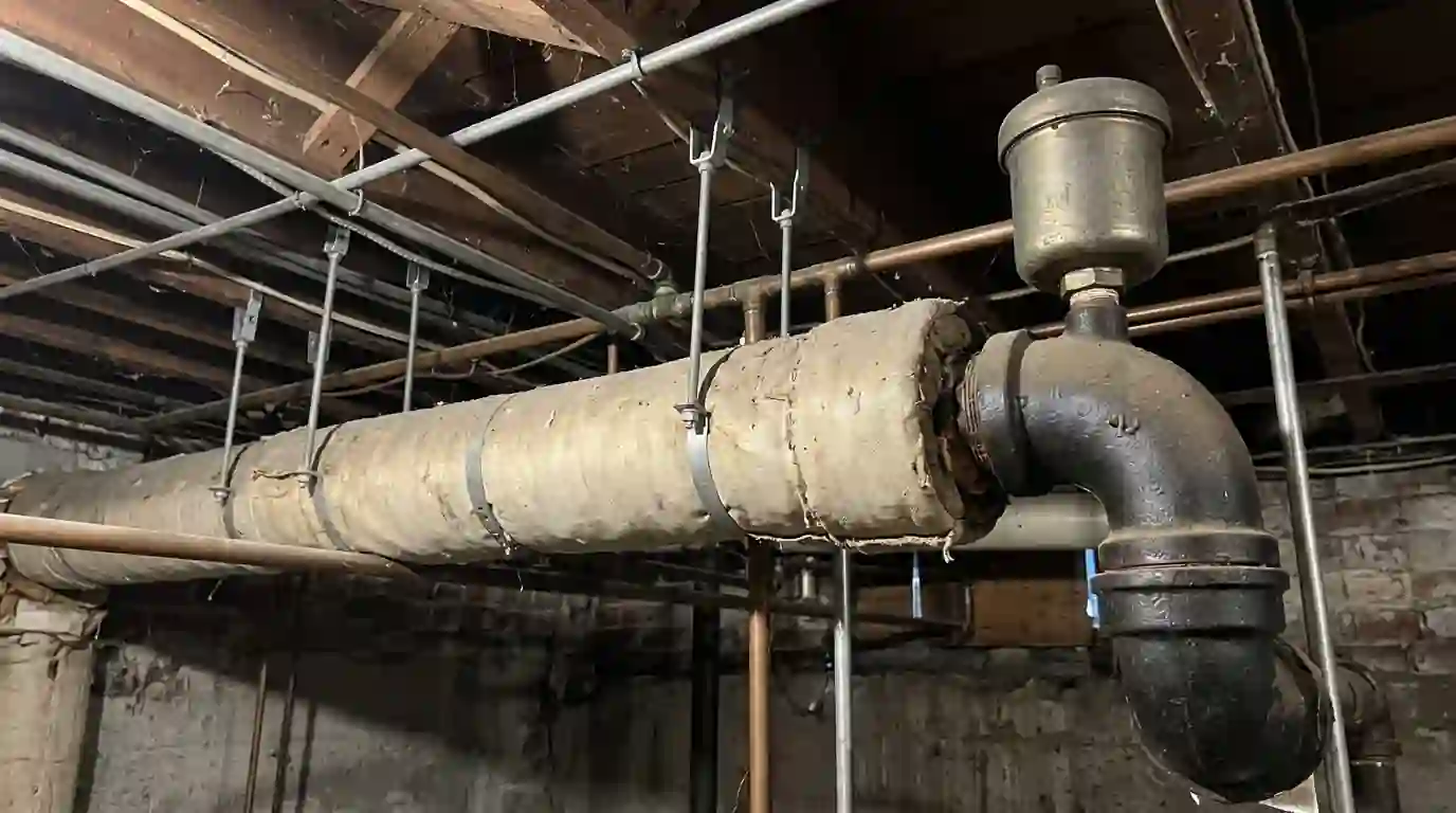 Steam main and main vent in a basement