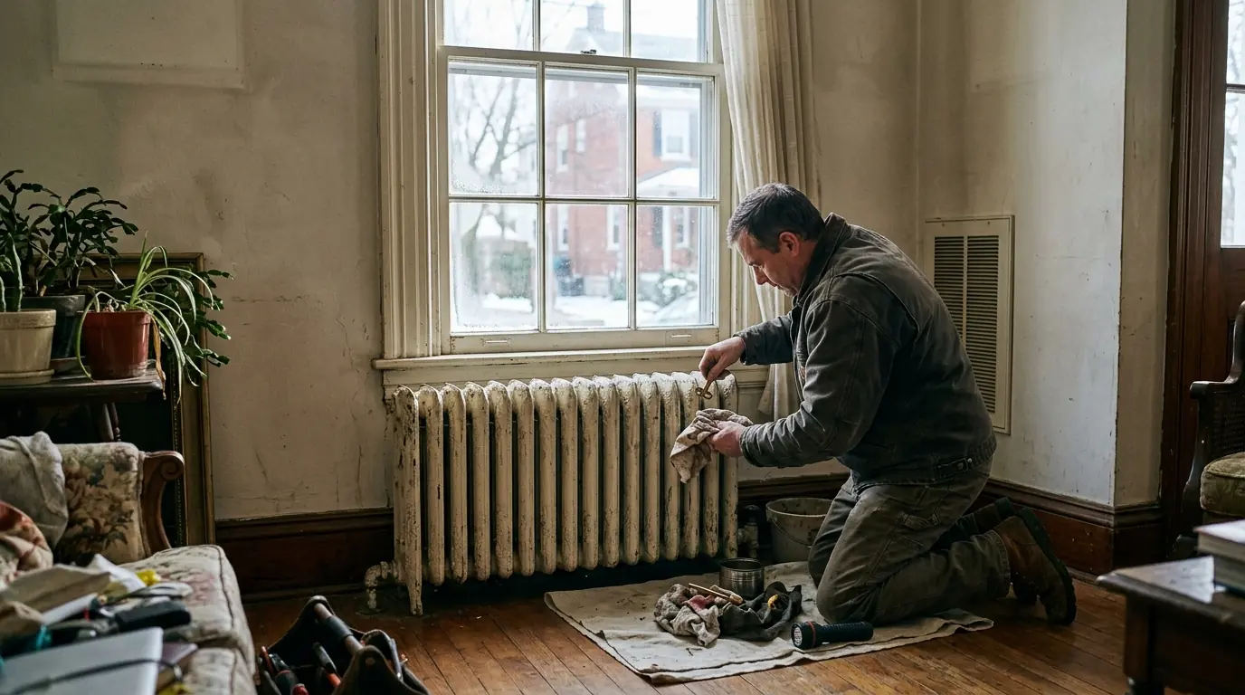 Technician bleeding a radiator in an older Woodbury home