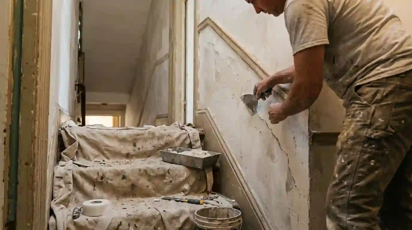 Repairing a plaster crack in a rowhome stairwell