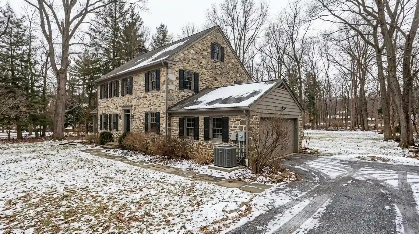 Stone colonial with a heat pump in Montgomery County in winter